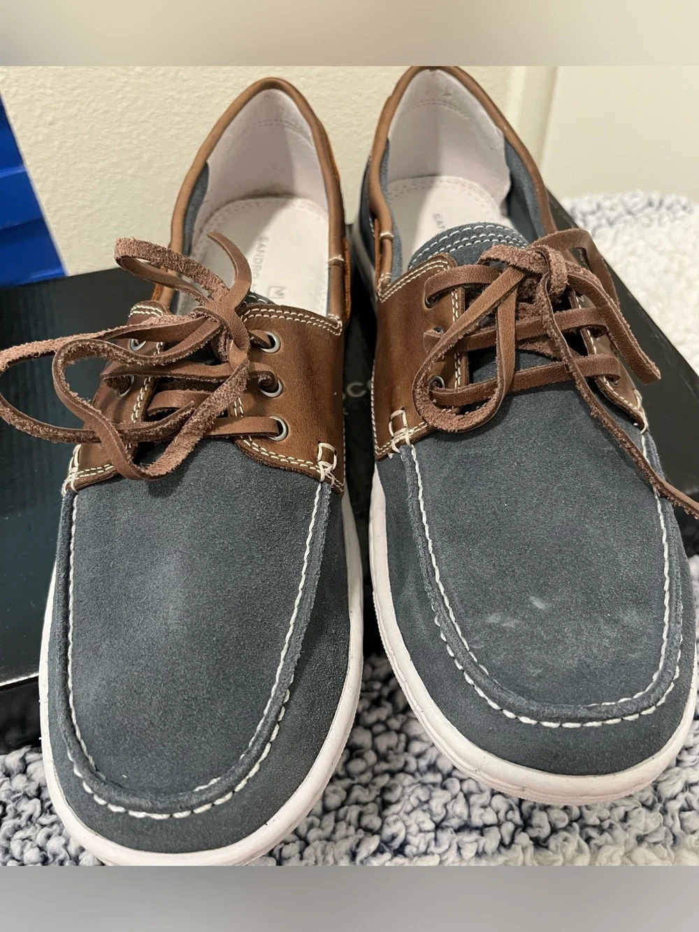 NWT Sandro Moscoloni Two-Tone Brown and Gray Leather Boat Shoes